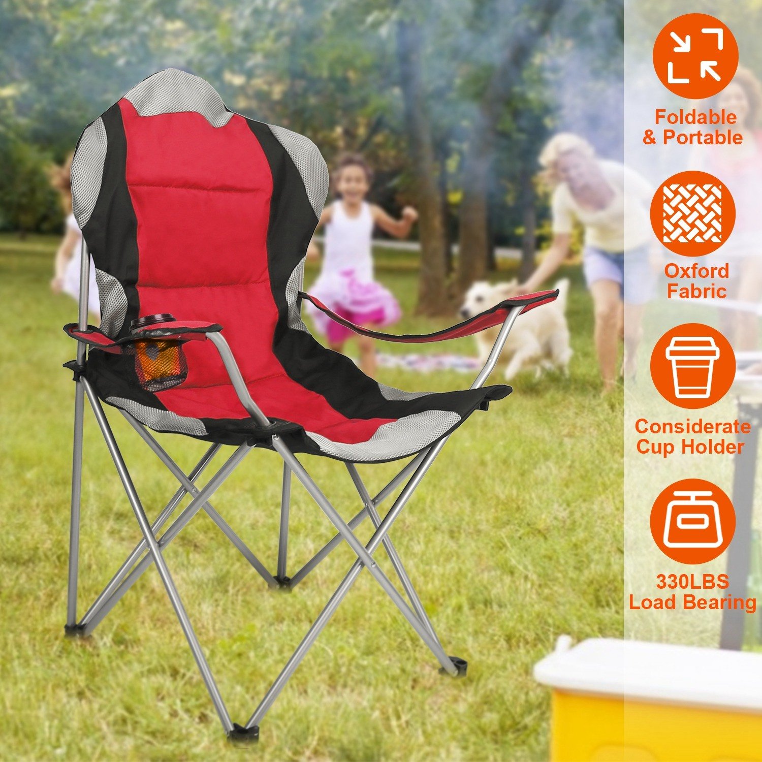 Foldable Camping Chair Heavy Duty Steel Lawn Chair Padded Seat Arm Back Beach Chair 330LBS Max Load with Cup Holder Carry Bag Foldable Camping Chair Heavy Duty Steel Lawn Chair Padded Seat Arm Back Beach Chair 330LBS Max Load with Cup Holder Carry Bag